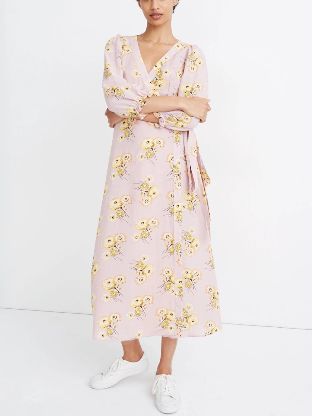 Madewell Linen Blend Ruffle-Cuff Wrap Midi Dress in Dutch Dandelions Size L